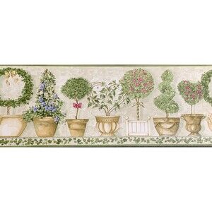 Wallpaper Border Topiary Flowers Shrubs Trees Vintage Pots Ivy Wreath Heart